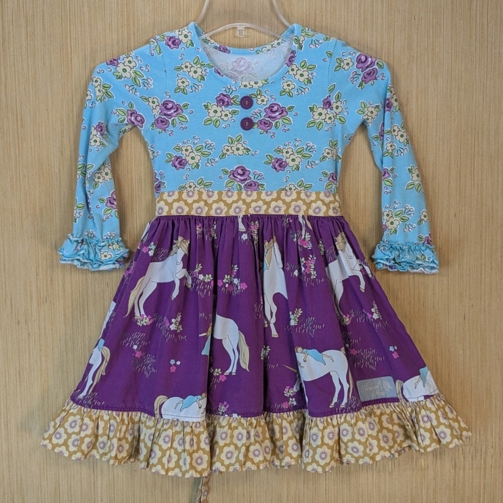 Eleanor Rose Girls Unicorn Whimsical Floral Dress Purple Blue 6-7 Long Sleeve